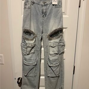Women's Light Blue Embellished Relaxed Jeans